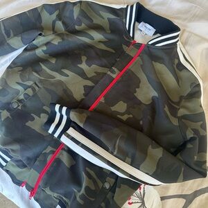 Camouflage Bomber Jacket with Red Accents